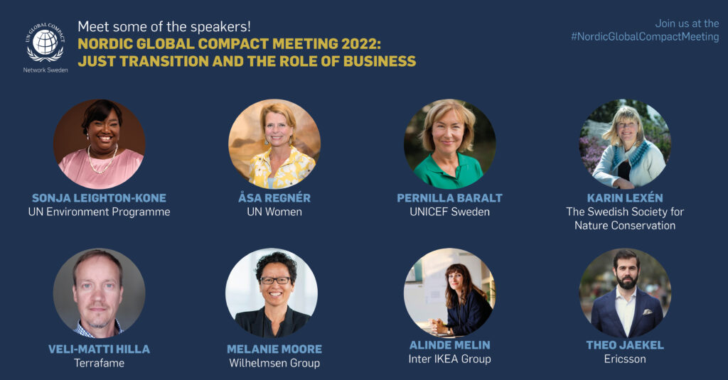 Bild med mörkblå bakgrund. I bilden syns individuella foton på åtta leende människor. Text som lyder "Meet some of the speakers! Nordic Global Compact Meeting 2022!"