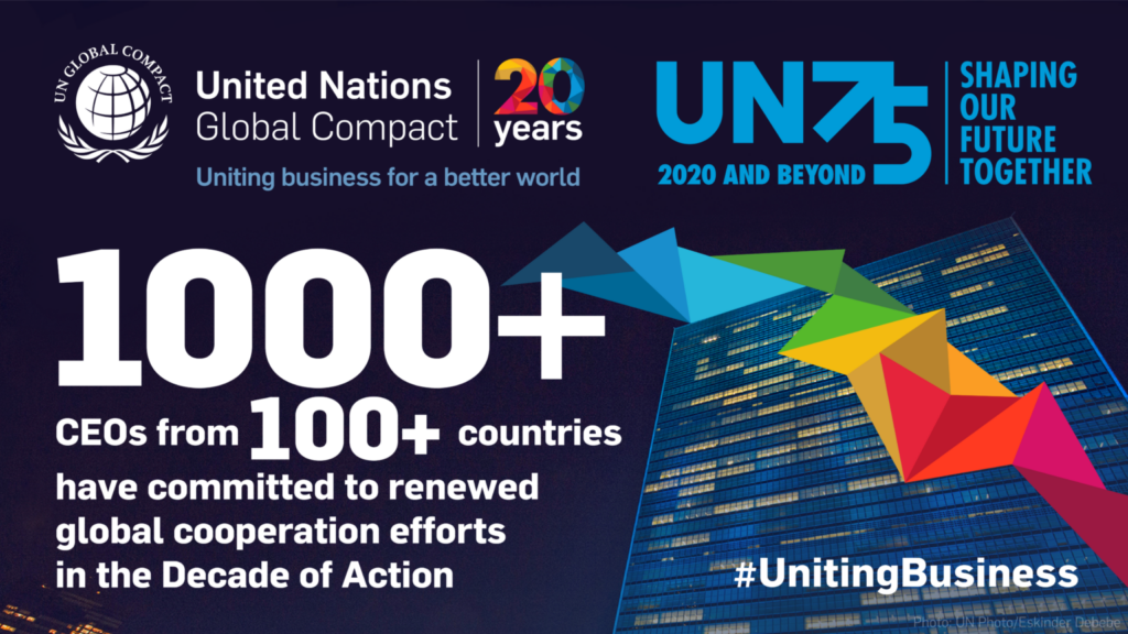 Grafisk bild som uppmärksammar att UN global compact varit verksamma i 20 år.