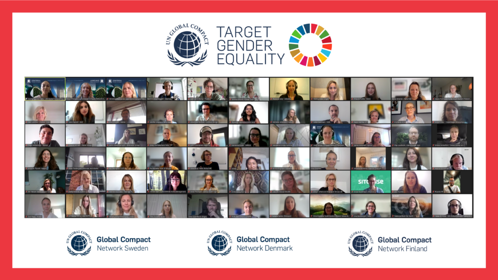 En skärmbild på människor i ett videomöte tillsammans med loggor för UN Global Compact Network Sweden, Denmark och Finland