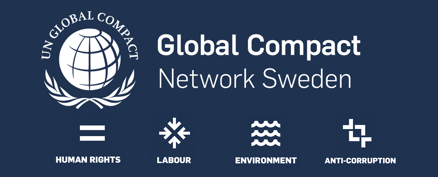 Bild med blå bakgrund, logotyp för UN Global Compact Network Sweden och ikoner för mänskliga rättigheter, arbetsrätt, miljö och antikorruption
