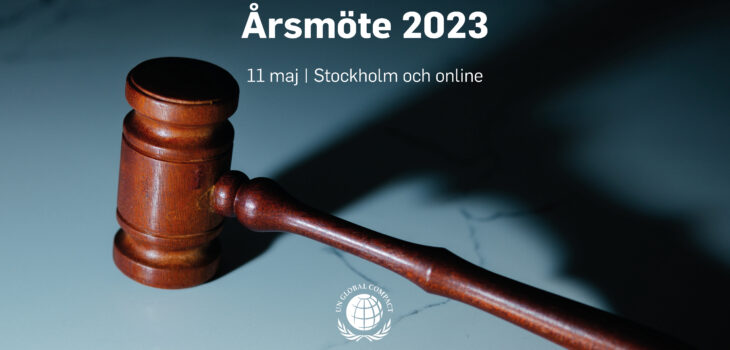 Bild på ordförandeklubba med texten "Årsmöte 2023" och UN Global Compact Network Swedens logga i botten.